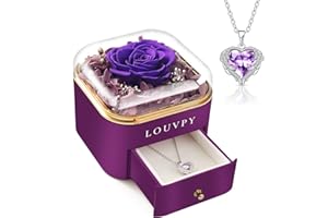 LOUVPY Gift for Girlfriend- Valentine Purple Eternal Rose Box with Necklace, Anniversaries Gift for Women/Wife, Forever Rose Gift for Mom/Girlfriend