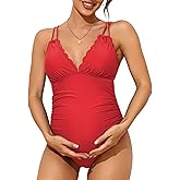 Charmo Scallop Trim Maternity Swimsuit One Piece V Neck Pregnancy Bathing Suit Ruched Swimwear Cutout Tie Back