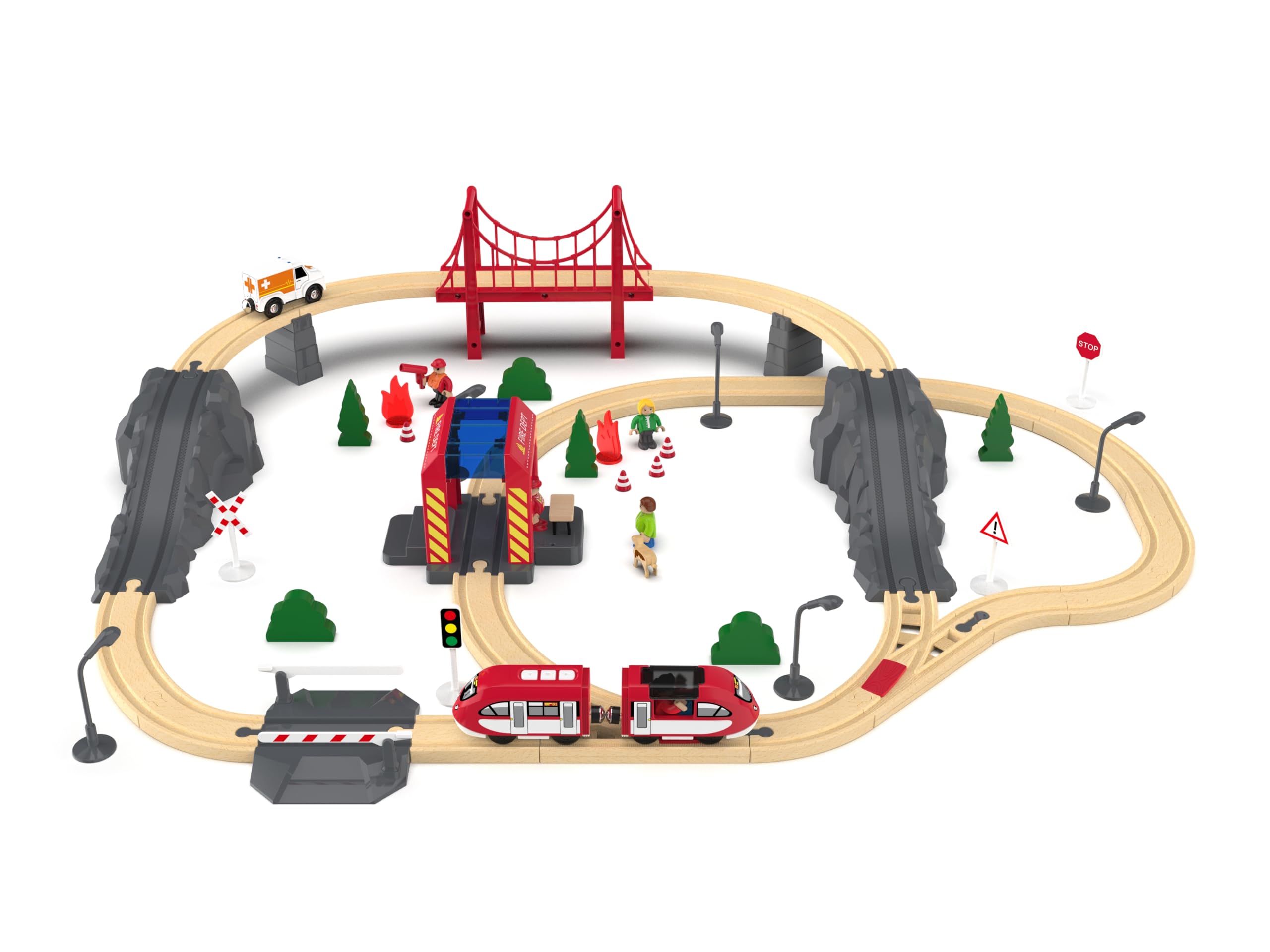 赤い電動アクション機関車列車 木製線路用 電池式電車 幼児向け 磁気列車セット トーマス、ブリオ、チャギントン、3歳以上の子供用電車に対応