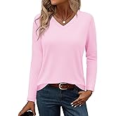 YUCOLEN Women's Long Sleeve Shirts V Neck Cotton T-Shirt Solid Color Casual Tops Basic Tees for Women