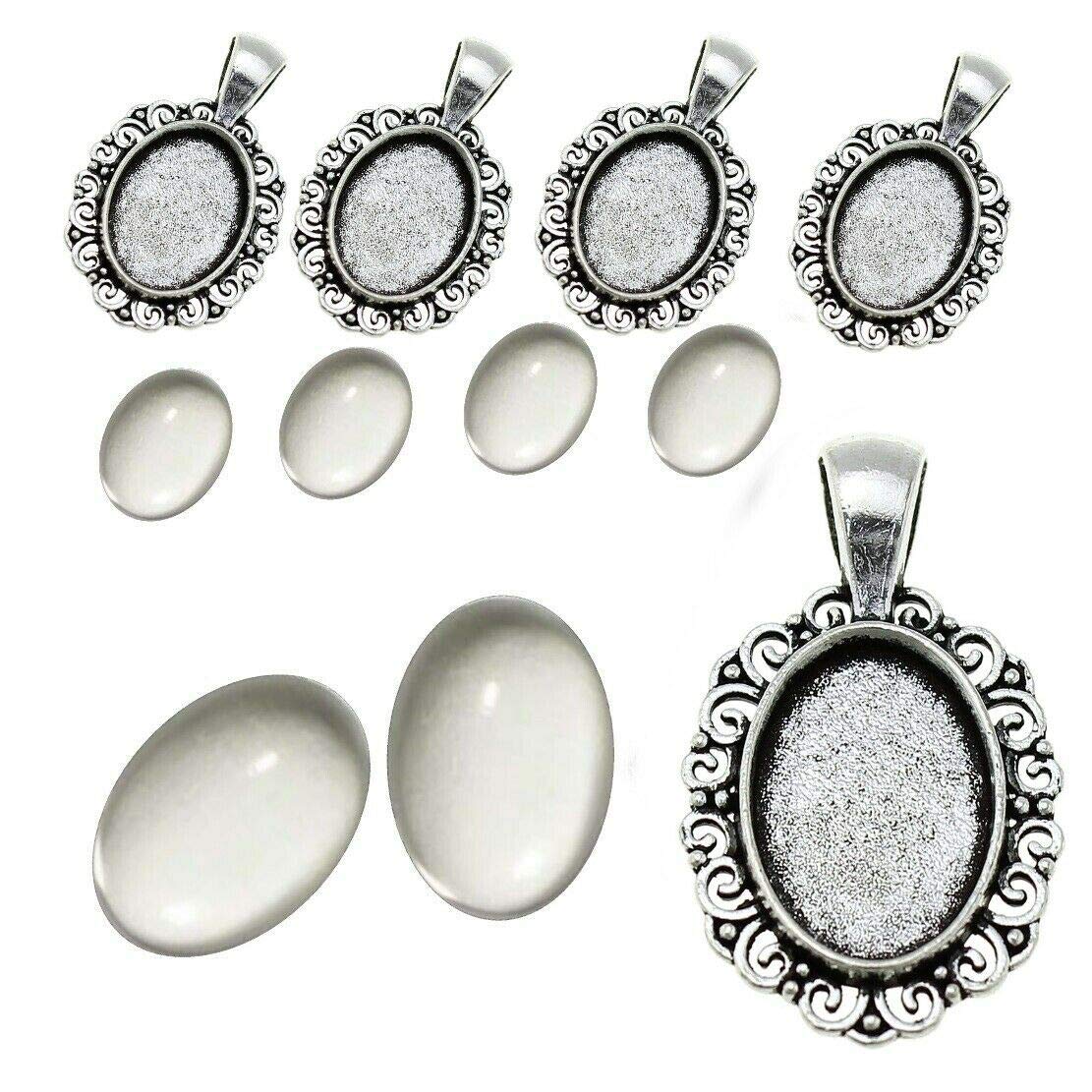 Perlin Set of 6 Filigree Medallions Metal Pendant Fittings 18 x 13 mm Oval Clear Glass Cabochon in Silver and Bronze Colour, Frame Super Look Craft Set