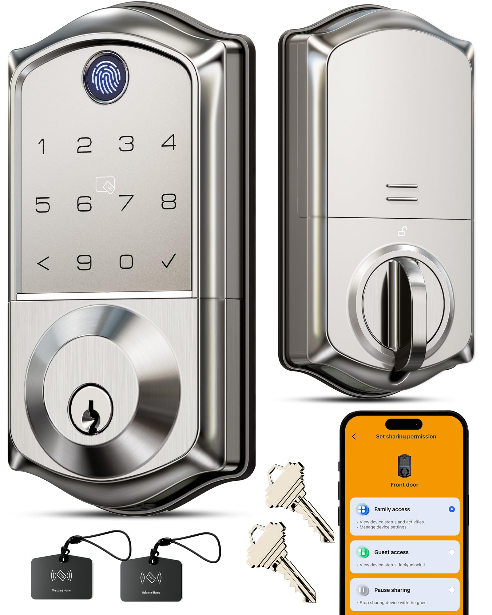 Photo 1 of **FACTORY SEALED** Veise VE017 Fingerprint Smart Door Lock, App Control, 8-in-1 Keyless Entry, Auto Lock, Emergency Power Port, Electronic Touchscreen Keypad, Biometric Smart Locks for Front Door, Satin Nickel