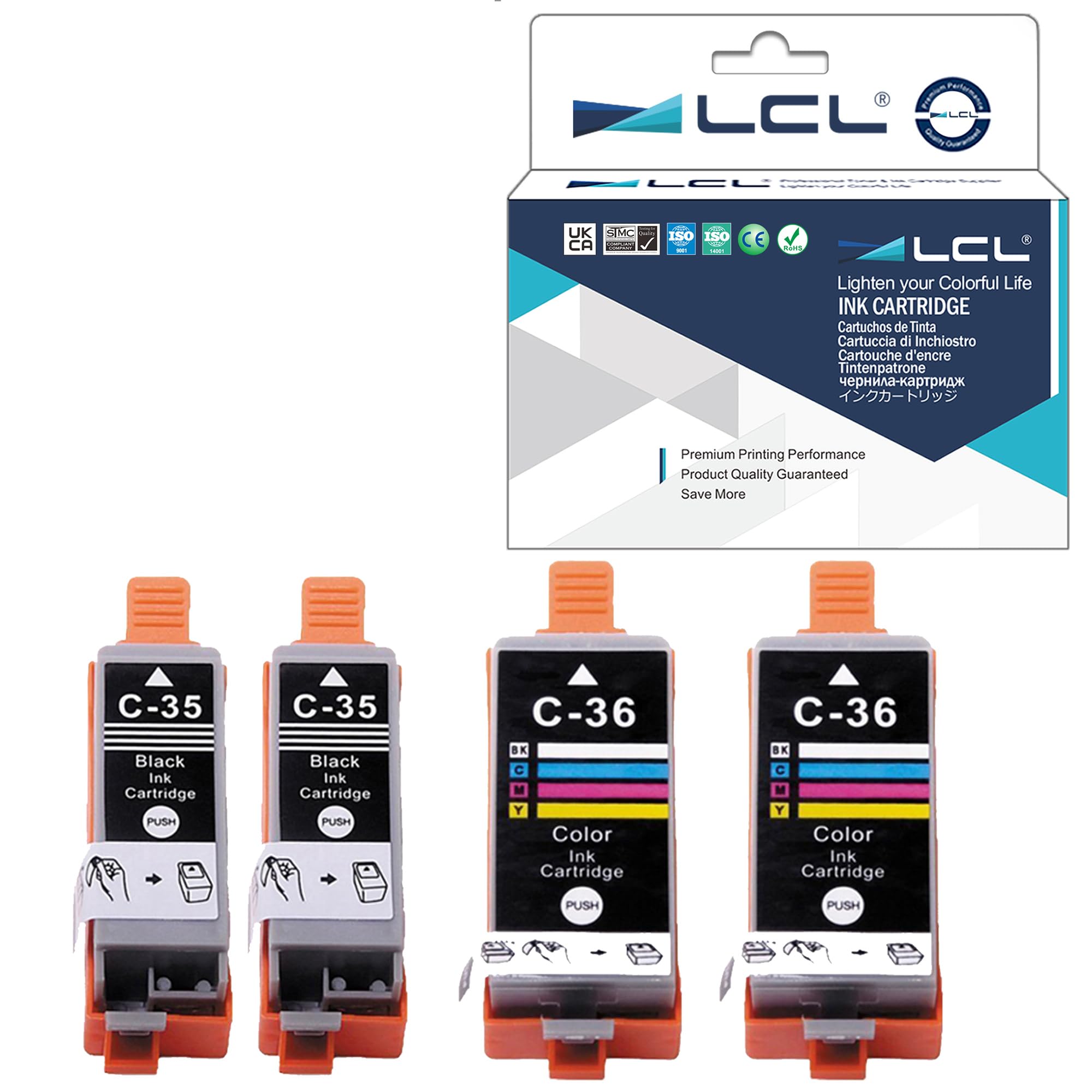 LCL Compatible Ink Cartridge PGI-35 PGI35 CLI-36 CLI36 1509B002 1511B002 (2 Black 2 Color) Replacement for Canon PIXMA IP100B IP100 IP110 mini260 mini320 TR150