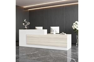 Huariifowm Modern L-Shaped Reception Desk with Hutch, Reception Counter Table, Lockable Drawer Door Cabinet, Office Wooden Computer Front Desk (Tung Color+White-Left Cabinet, 110L*24" W*41" H)