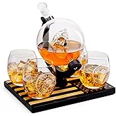U.S. Marine Globe Whiskey Decanter Set with 4 Liquor Glasses - Wood Flag Base Marine Veteran Gift Set - Navy Gifts Men, Dad, U.S.A Flag - Bourbon & Scotch Military Gift for Father