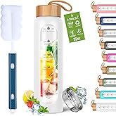 Aqulea Glass Water Bottles 32 Oz with Silicone Sleeve - BPA Free Reusable Wide Mouth Glass Motivational Water Bottles with Fruit Infuser – Leak Proof Borosilicate Water Bottle with Time Marker (White)