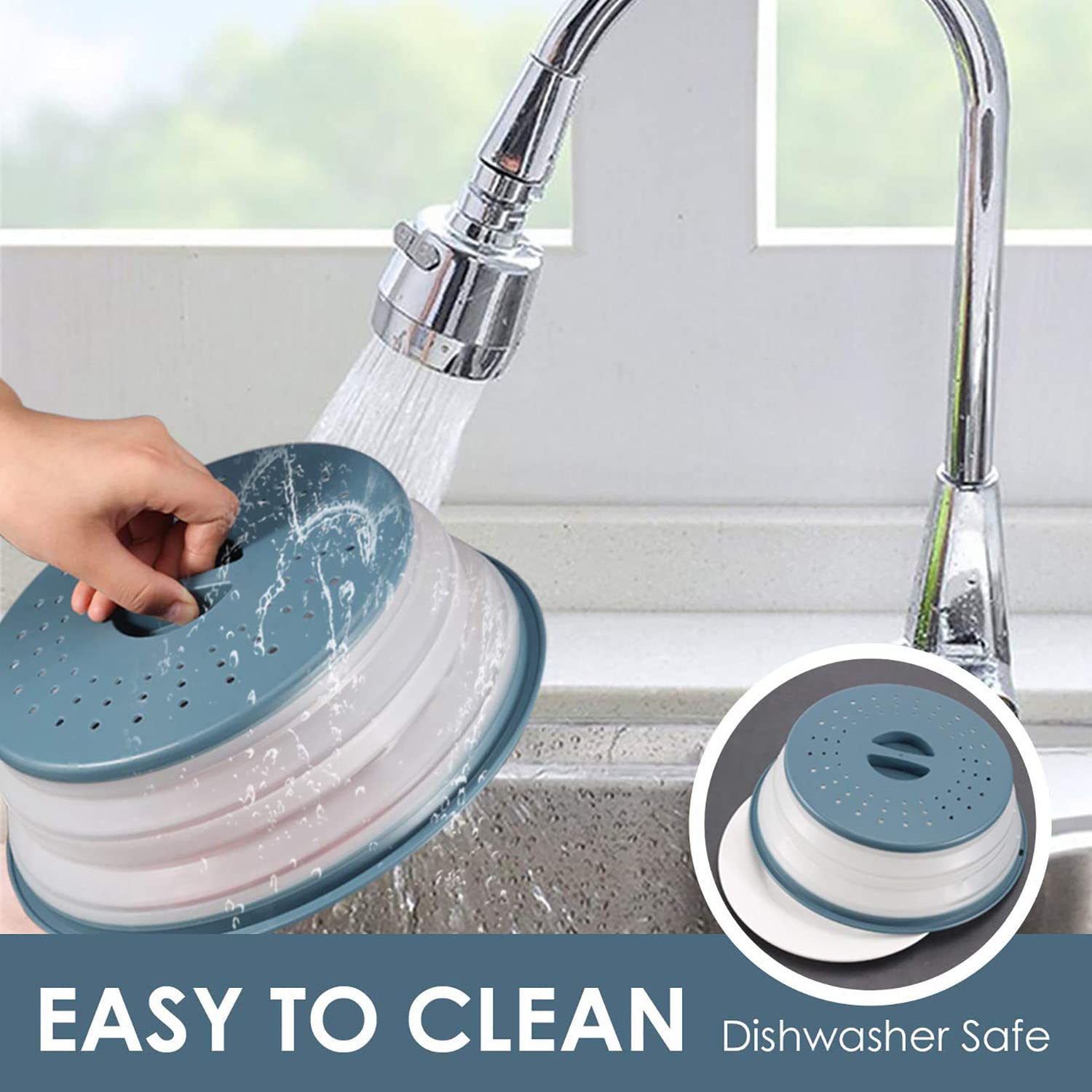 2 Stück Faltbare Mikrowellen Abdeckung, Deckel für Mikrowelle, Abdeckhaube für Mikrowellendeckel, Hoch Mikrowellen Spritzschutz, Faltbare Mikrowellenabdeckung mit Haken, für Obst, Gemüse (Grau, Blau) 5