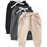 Toddler Baby Boy Fall Pants 3 Pack Active Jogger Casual Athletic Trousers Solid Color Pocket Elastic Waist Harem Bottoms