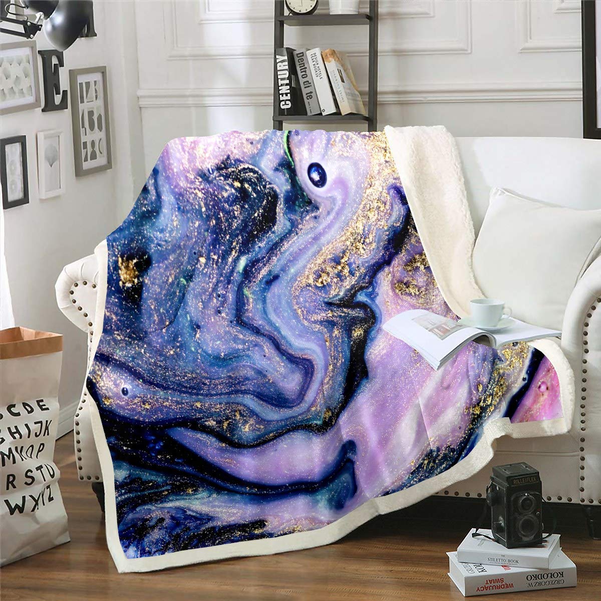 Marble Throw Blanket Purple Gold Marble Fleece Throw Blanket Modern Marble Plush Blankets Kids Women Adults Super Soft Sherpa Blanket Abstract Art Sheet Set Fuzzy Blanket for Bed Sofa Baby 30"x40" — image 1