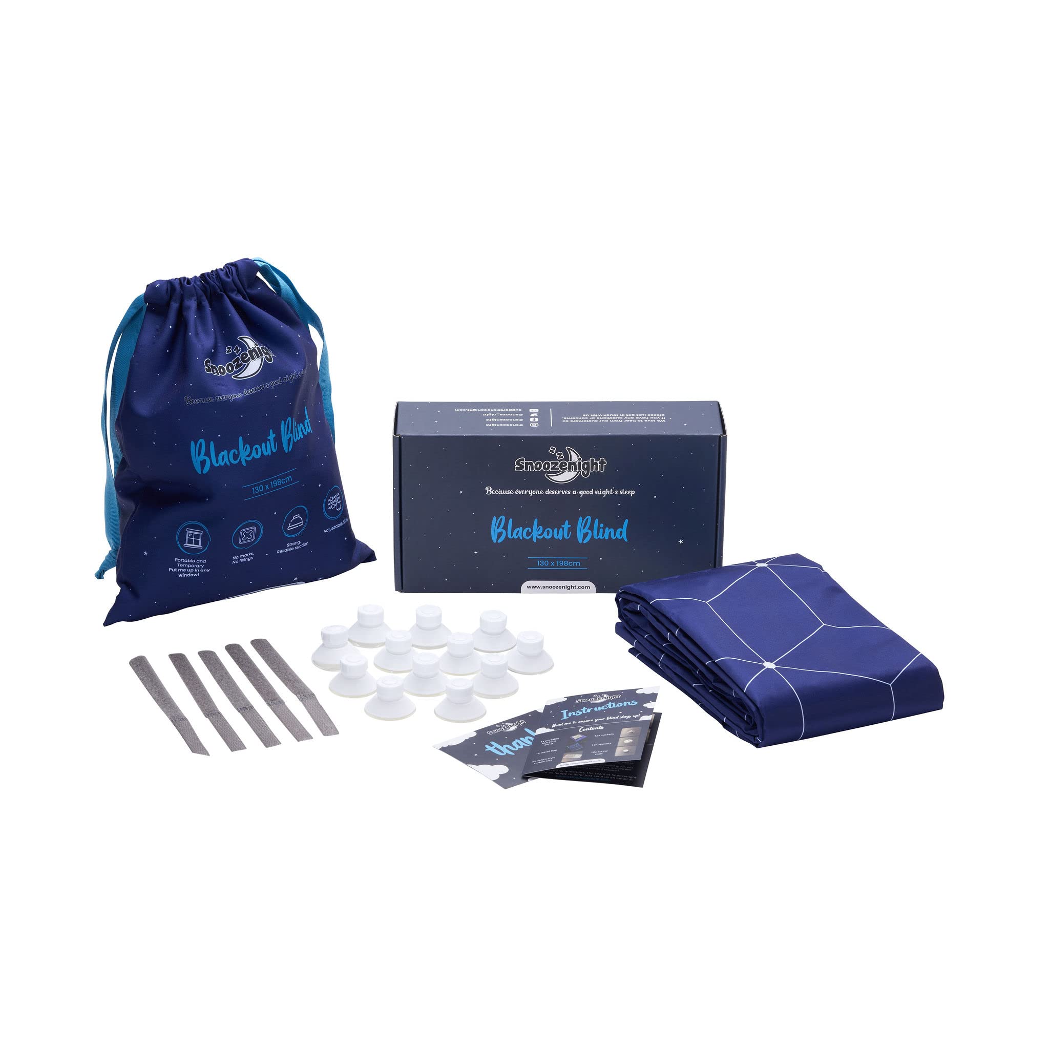 Snoozenight® No Drill Blinds | Navy Blue Blackout Blind with Geometric Pattern | Stick on Vacuum-Clamp Suction Cups for Easy Fit | 198 x 130 cm | Put Up Anywhere | Velcro Size Adjustment