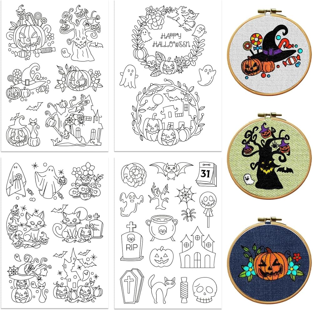 peacoblue Water Soluble Embroidery Patterns for Beginners 4 Sheets Halloween Trees and Castle with 33pcs Patterns, Wash Away Stick and Stitch Dissolvable Embroidery Paper for Hand Sewing Lovers โ image 1