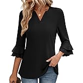 KKJ Womens Tops Summer Spring 3/4 Bell Sleeve Blouses 2026 Business Casual V Neck T Shirts Work Tunic Trendy Dressy Clothing
