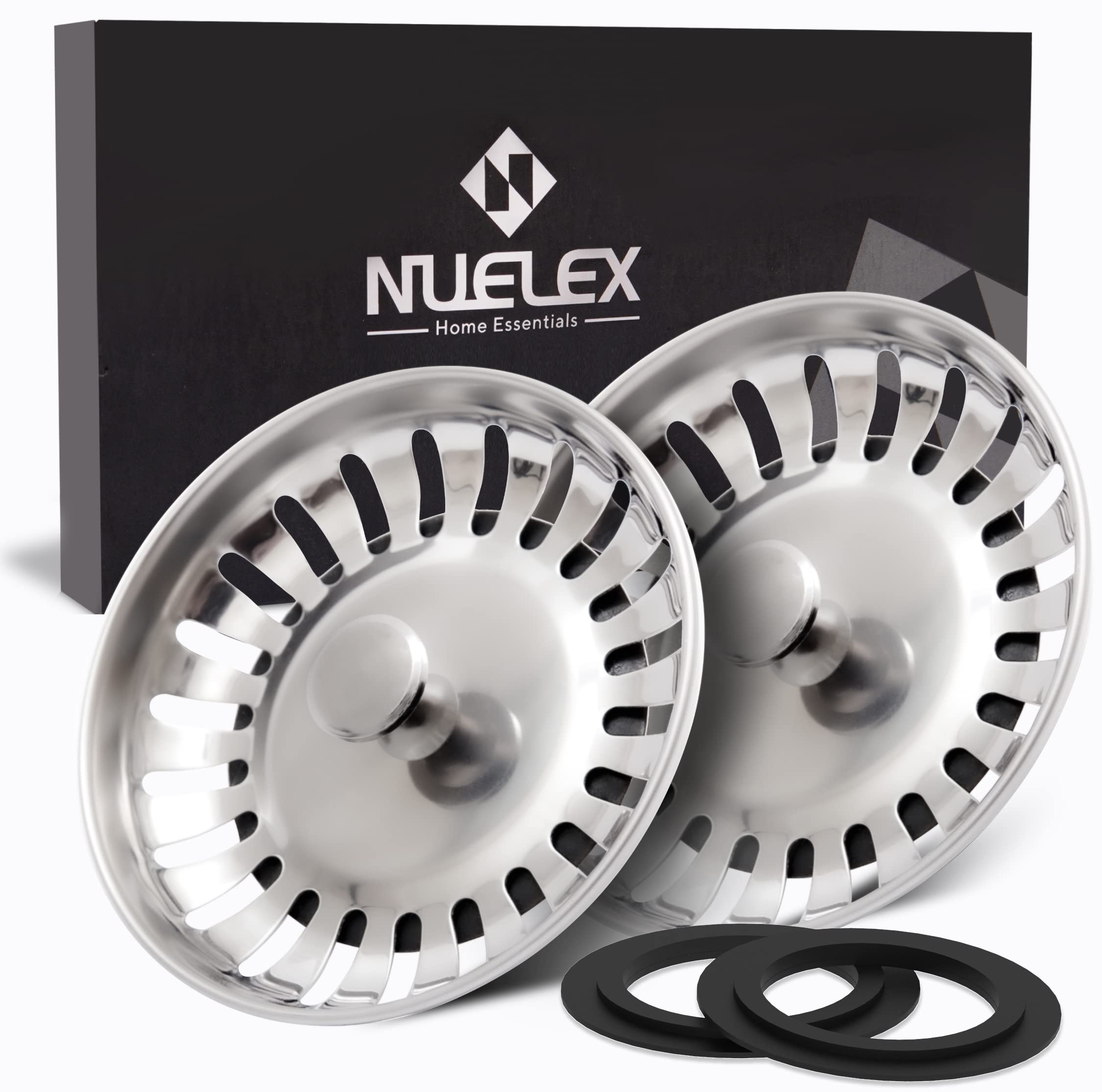 NUELEX 2Pcs Kitchen Sink Plug Strainer, 78mm Diameter Kitchen Sink Strainer with 2 Bonus Multi-Size Silicone Seals 304 Stainless Steel Leak-Proof Drainer Plug, 22 Holes & Smooth Shape, JT-SP506-NX
