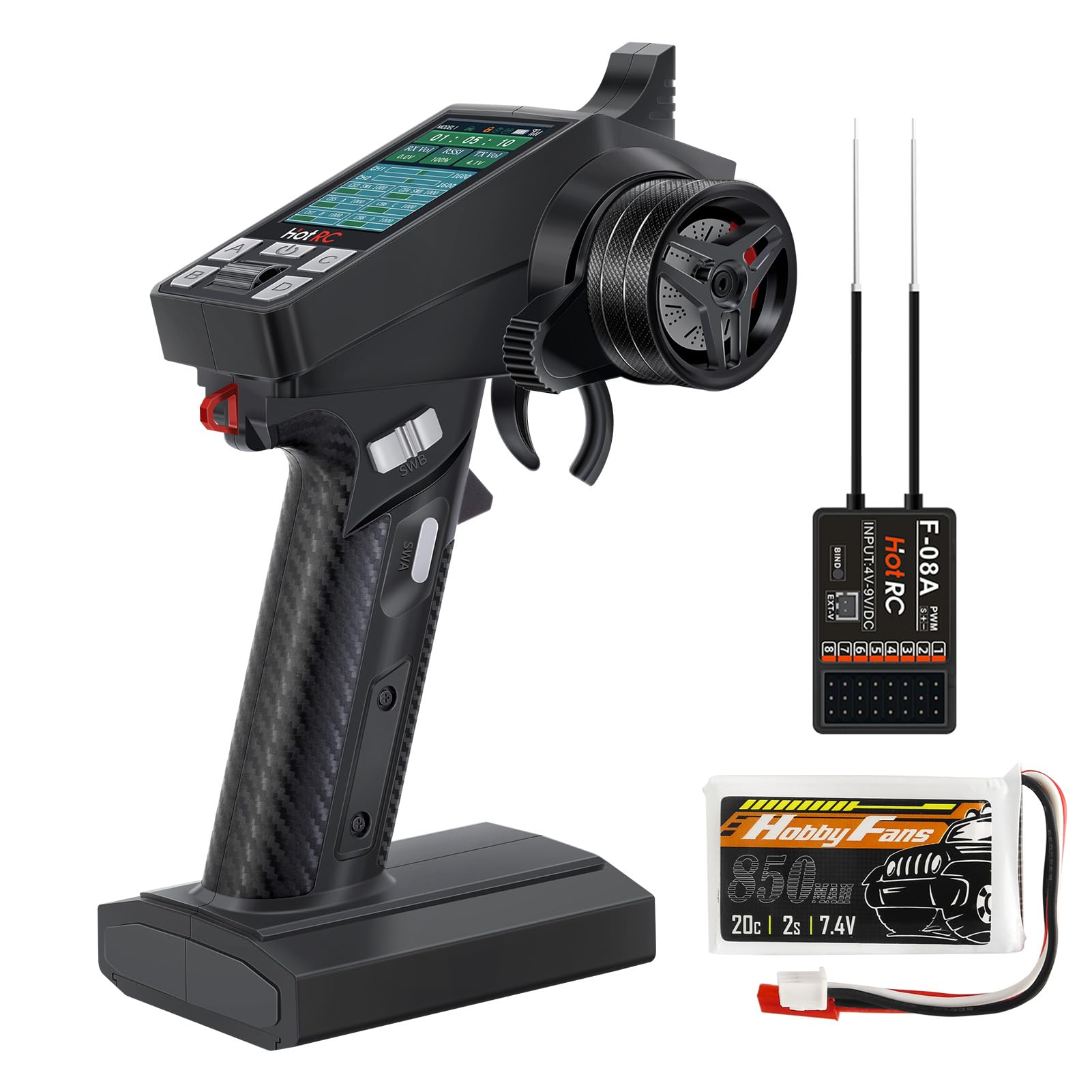 Photo 1 of Hobby Fans RC Radio System 8CH 2.4G RC Transmitter with Receiver and 7.4V 850mAh Battery Anti-Jamming Remote Controller with 2.4inch Color Screen for RC Car Crawler Boat, Black