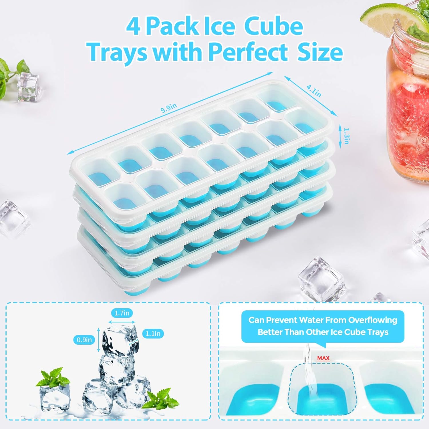 DOQAUS Ice Cube Trays 4 Pack, Easy-Release Silicone and Flexible 14-Ice Cube Trays with Spill-Resistant Removable Lid, LFGB Certified and BPA Free, for Cocktail, Beer, Stackable Flexible Ice Trays: Kitchen & Dining