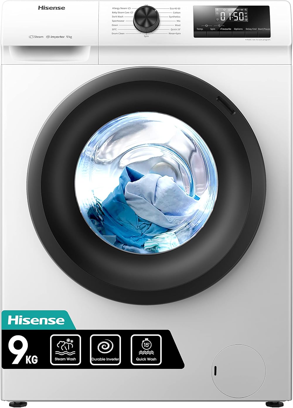 Hisense Front Load Washing Machine 9 KG Inverter Steam Quick Wash 1400 RPM