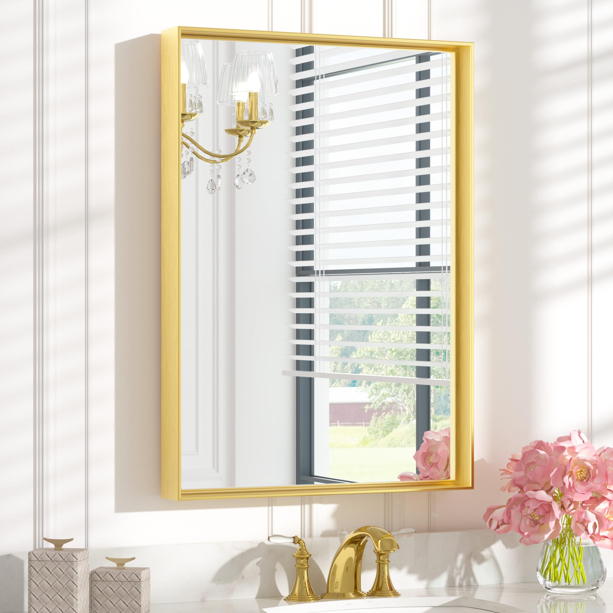 Keonjinn 22 x 30 Inch Gold Bathroom Mirror for Over Sink Brushed Gold Rectangle Wall Mounted Mirror Metal Frame Modern Farmhouse Mirror with Square Corner Framed Mirror(Horizontal/Vertical) Image