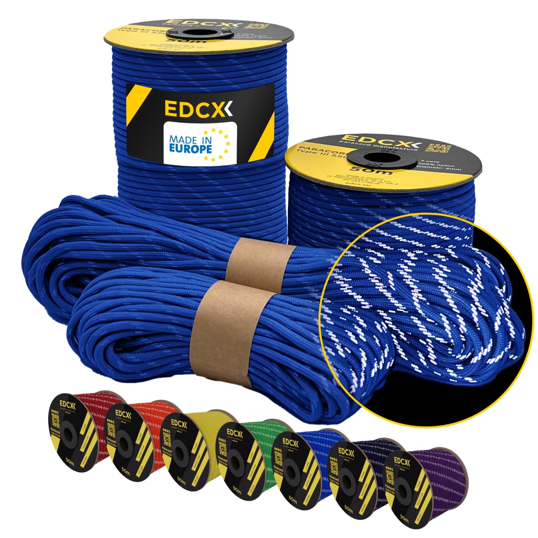 EdcX 4 mm Reflective Paracord 550 (15, 30, 50 m) – Tear-Resistant Parachute Cord for Survival Made of 100% Nylon, 4 mm Type III with 7 Wires (Reflective Blue, 15 m) — image 1