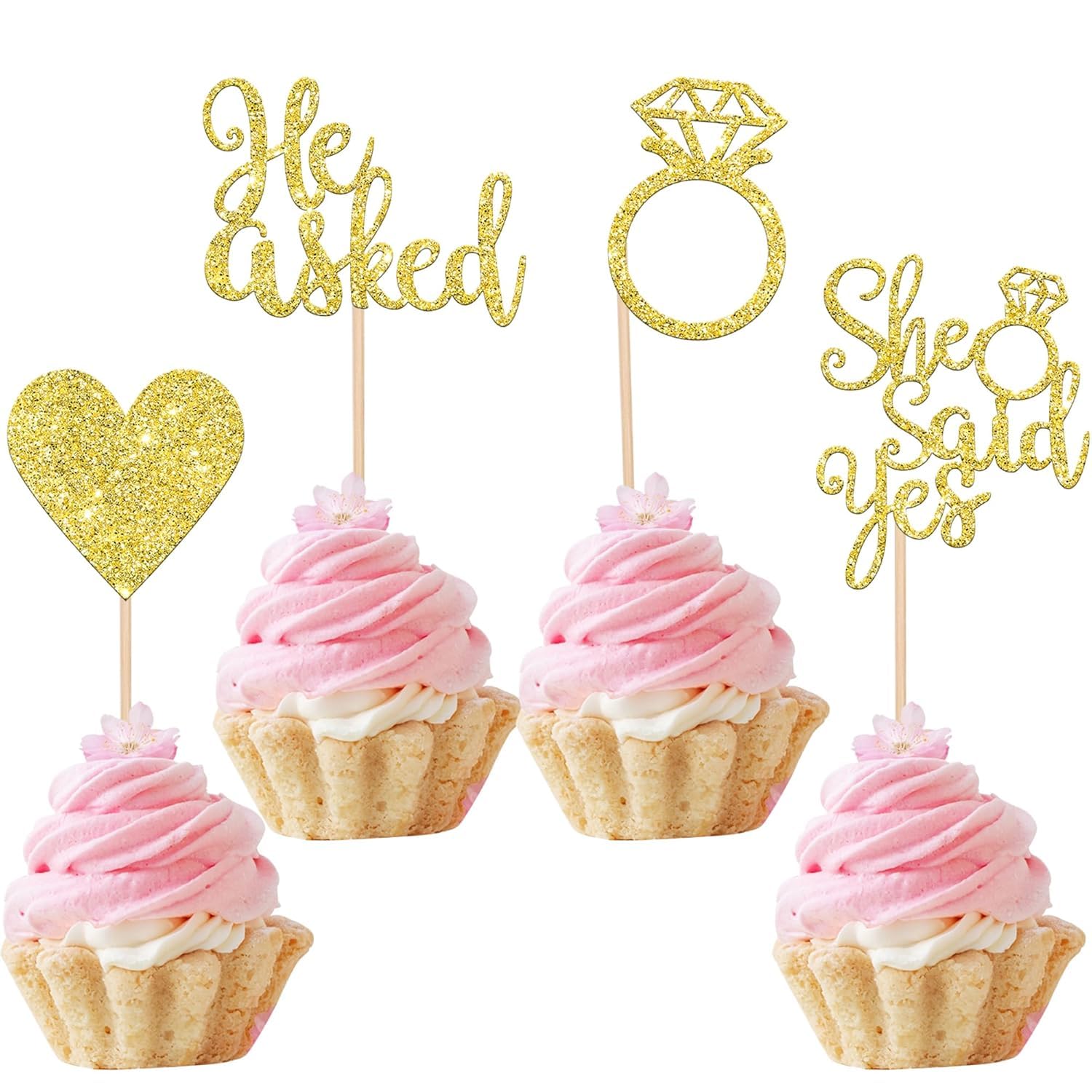 SYKYCTCY 24 Pack He Asked She Said Yes Cupcake Toppers Gold Glitter Heart Ring Wedding Engagement Cupcake Picks Bridal Shower Bachelorette Party Cake Decorations Supplies