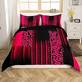 Feelyou Hot Pink Black Reversible Bedding Set Queen Size Abstract Leopard Comforter Cover Set for Kids Adults Ombre Stripes Duvet Cover Modern Art Bedspread Cover Room Decor 3Pcs with 2 Pillow Case