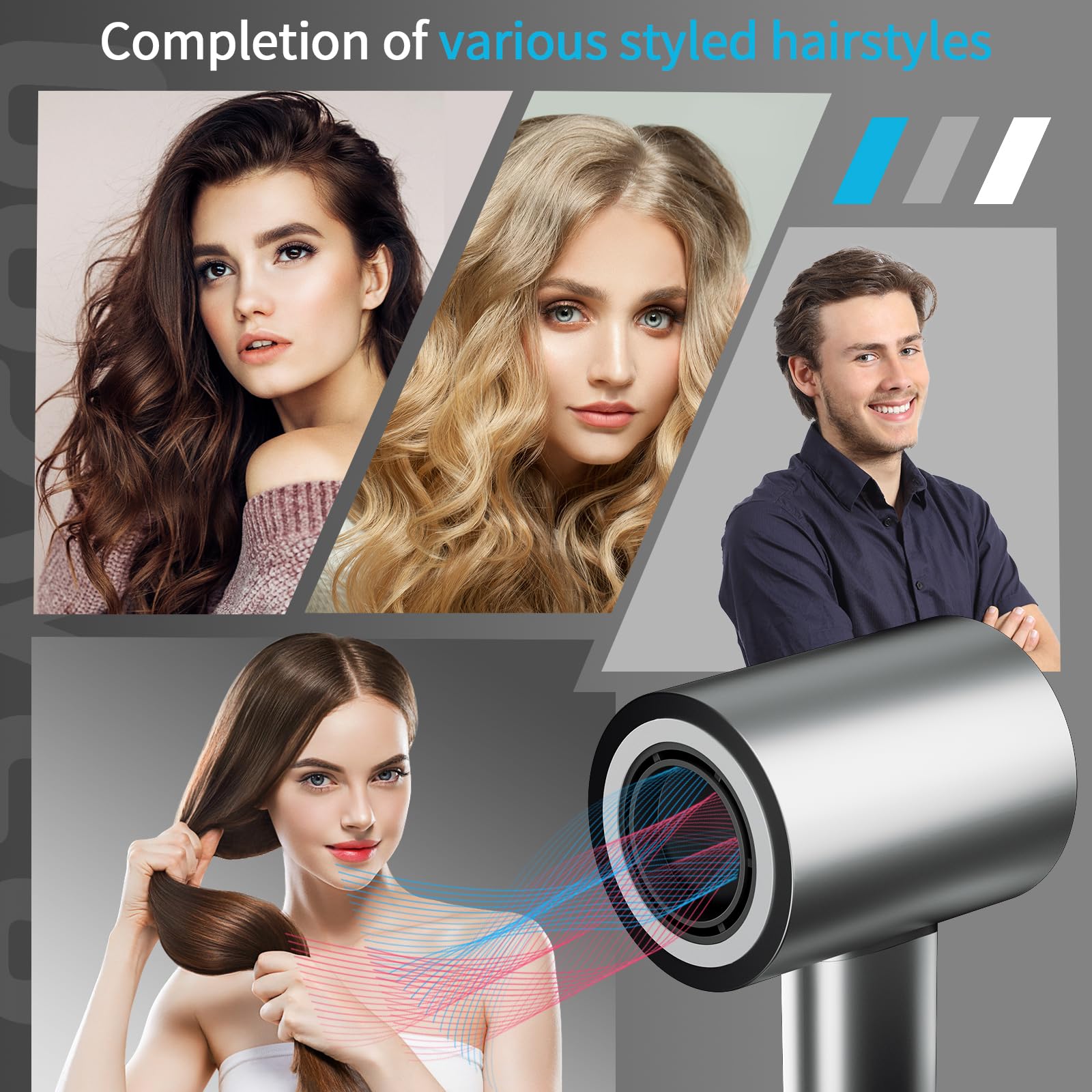 BAMCOO Föhn Fön Haartrockner Ionen Föhn Hair Dryer 1500W HD Display Temperatur Touchscreen ionen haartrockner 4 Temperaturstufen & 3 Geschwindigkeitsstufen (Grey) 8