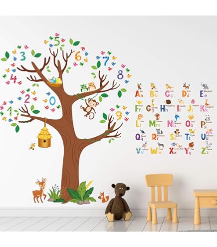 LiveGallery Cartoon Animals Wall Decals - Removable Tree With Owls, Monkey, Elephant, Giraffe Stickers - View #2