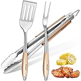 TIVOLI 3PCS Grilling Accessories, Heavy Duty BBQ Tool Set with Stainless Steel Spatula, Tongs, Fork, Wood Handles Barbecue Utensils Kit for Outdoor, Perfect Grill Gifts for Dad Men