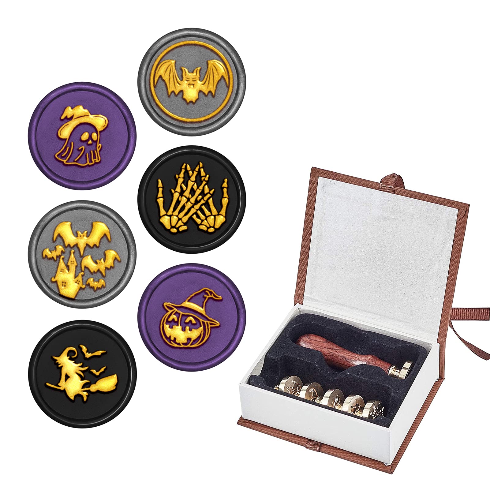 CRASPIRE Halloween Wax Seal Stamp Set, 6 Pieces Different Pattern Removable Sealing Brass Stamp Head with 1PCS Wood Handle for Envelope Postcard Label Wedding Invitation Embellishment