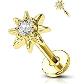 COCHARM 14K Solid Gold Threadless Burning Sun Helix Cartilage Earring Stud Flat Back Tragus Earrings 16g Helix Cartilage Piercing Yellow Gold Push Pin 8mm 6mm Tragus Piercing Jewelry