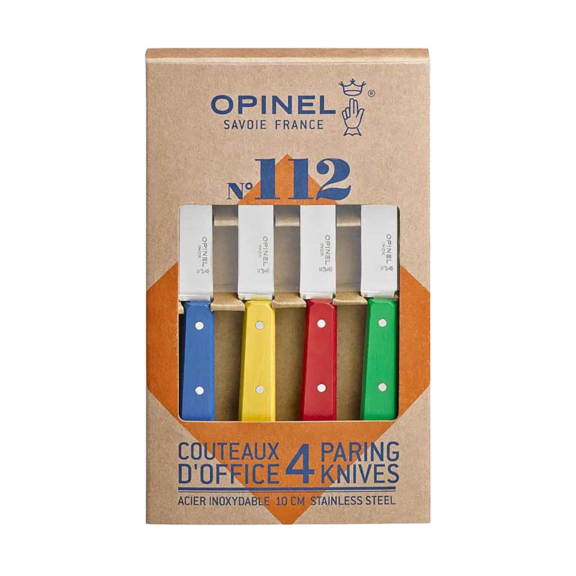 Opinel SAS 1233 Kitchen Set of 4 112 Assorted Classic Colours Paring Knives Blue Yellow Red Green Blade 10 cm'