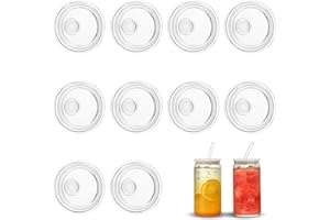 YONHTUTU 10 Pack Clear Acrylic Lids for 16 oz / 20 oz Glass Cups, Replacement Can Straw Lids for Mason Jar, Spill Proof Reusable Plastic Cover Bamboo Lid for Glass Cups Beer Soda Can Coffee Tumbler Cup