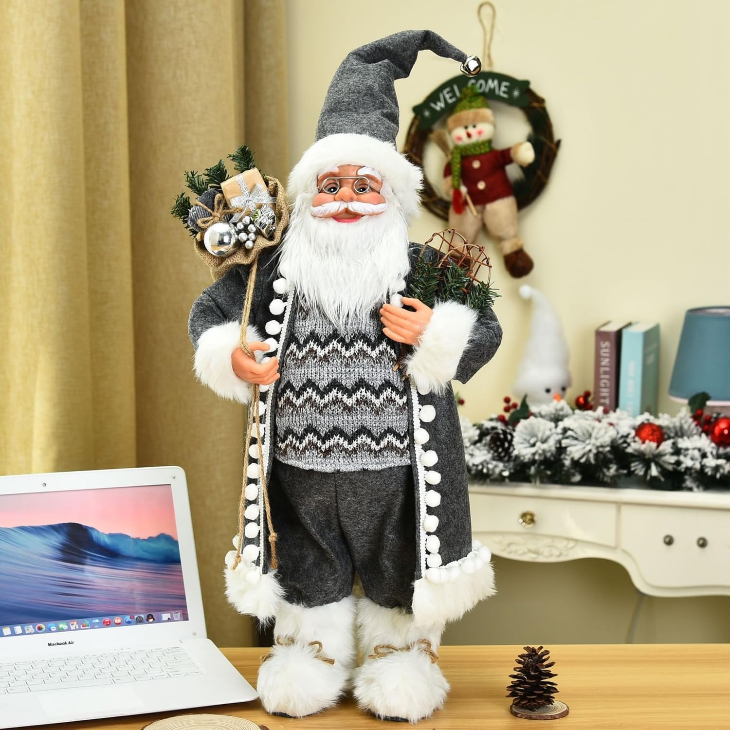 ITODA Standing Santa Handcraft Father Christmas Figure Xmas Old Man Christmas Home Holiday Decoration Ornament Figure for Fireplace Bookcase Dining Table Shop Window 30cm kids 14+