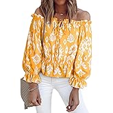 BLENCOT Summer Sexy Off Shoulder Tops for Women Boho Ruffle Sleeve Floral Chiffon Shirts Blouses