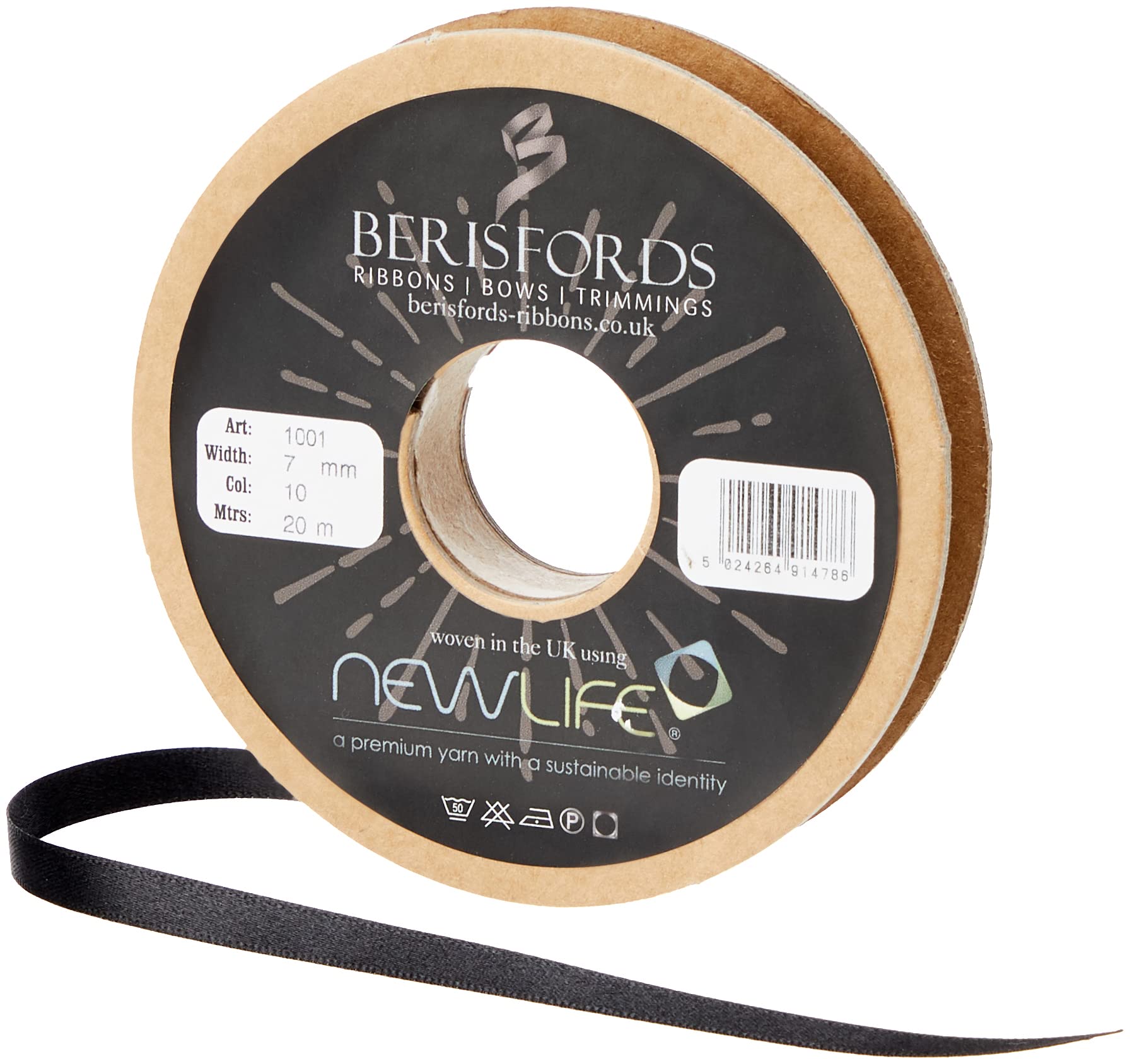 Berisfords 7mm 10 Black Newlife Satin Ribbon 100% Recycled 20m Reel