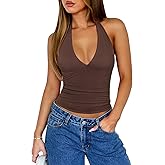 REORIA Womens Halter Tank Tops Double Lined Basic Cami Shirts Sexy Backless Y2K Trendy Going Out Tops