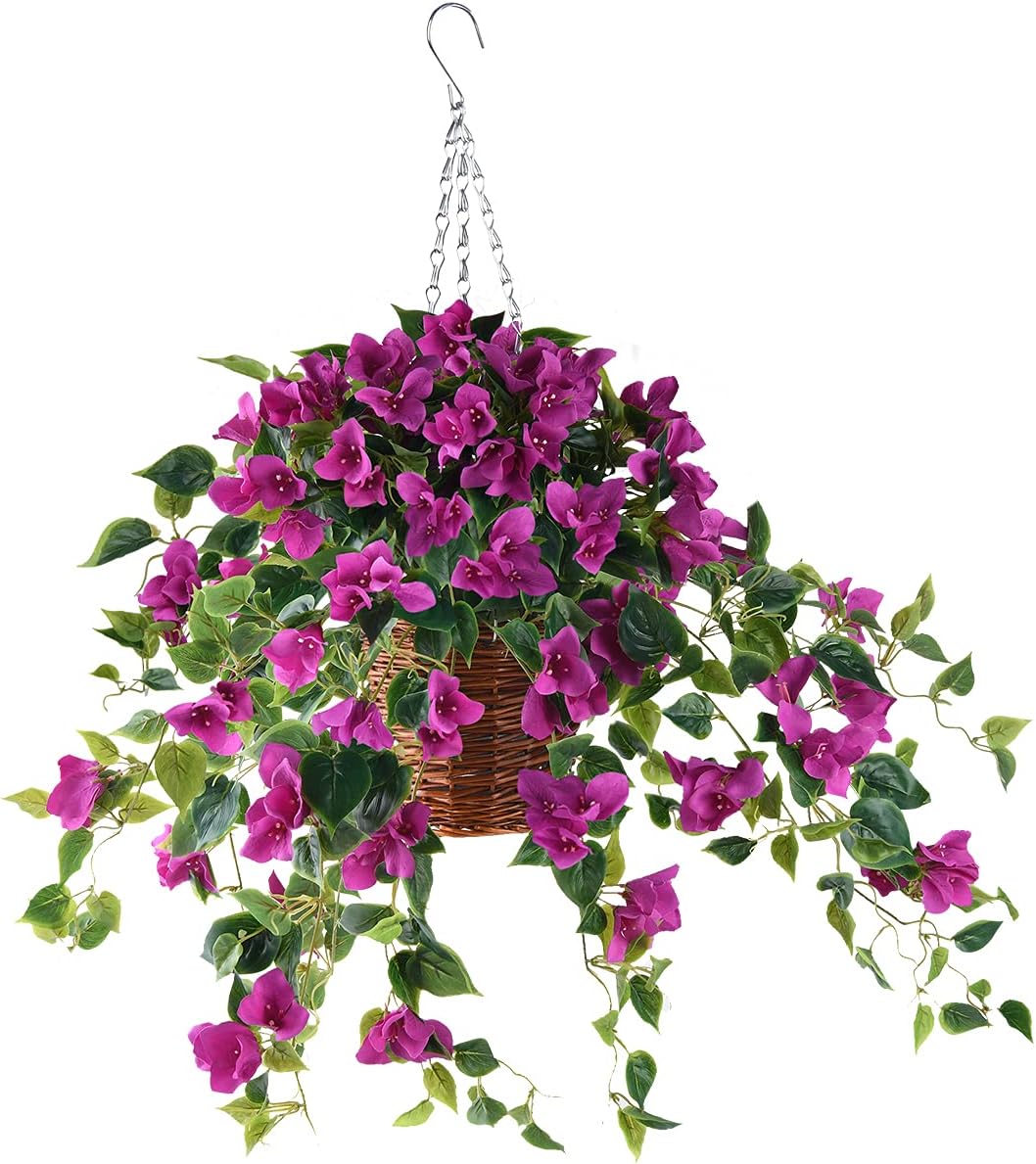 INQCMY Artificial Flowers Hanging Basket with Bougainvillea Silk Vine Flowers for Patio Lawn Garden Decor,Fake Flower Centerpieces, Artificial Hanging Plant in Ivy Basket for Outdoor/Indoor(Purple)