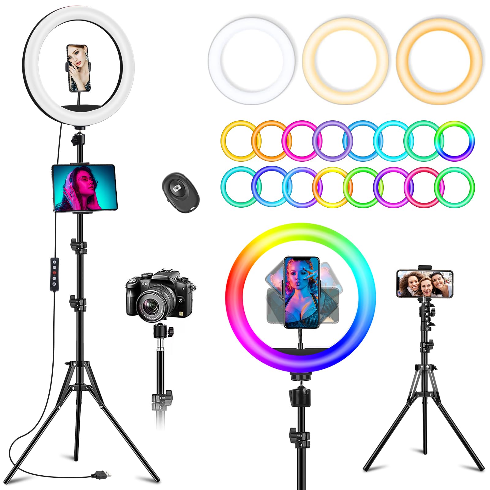 Photo 1 of 10.3" RGB Ring Light with Tripod and Phone Holder, LED Selfie Ring Light with Tablet Holder, Circle Lights with Stand, 12 Dimming Levels, 32 Color Modes Ringlight for TikTok/Live Stream/Makeup/YouTube