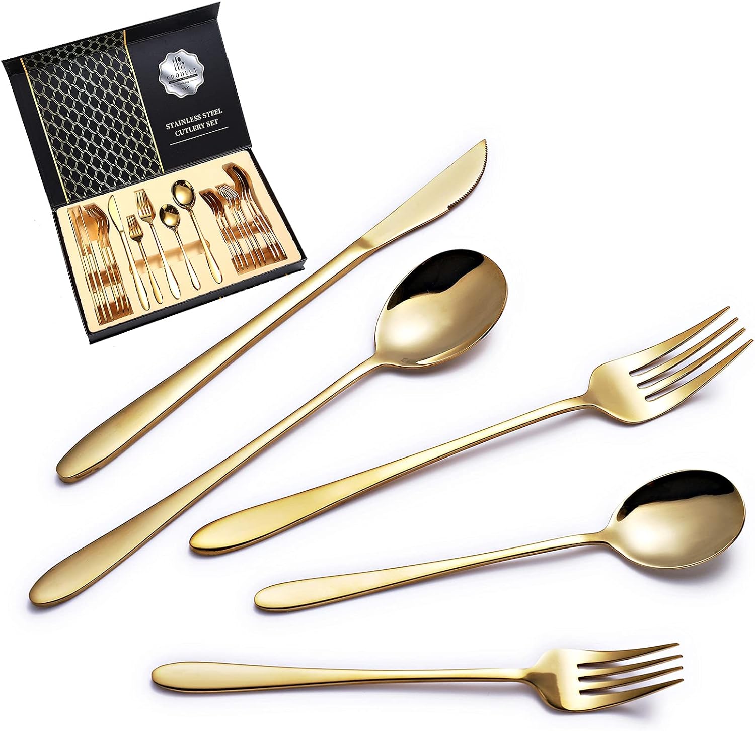 20-Piece Gold Silverware Set,Flatware Set,18/10 Stainless Steel Tableware Cutlery Set for 4,Include Knives/Forks/Spoons,Food Safe Stainless Steel,Dishwasher Safe,Eating Utensil set