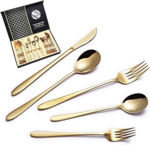 20-Piece Gold Silverware Set,Flatware Set,18/10 Stainless Steel Tableware Cutlery Set for 4,Include Knives/Forks/Spoons,Food Safe Stainless Steel,Dishwasher Safe,Eating Utensil set