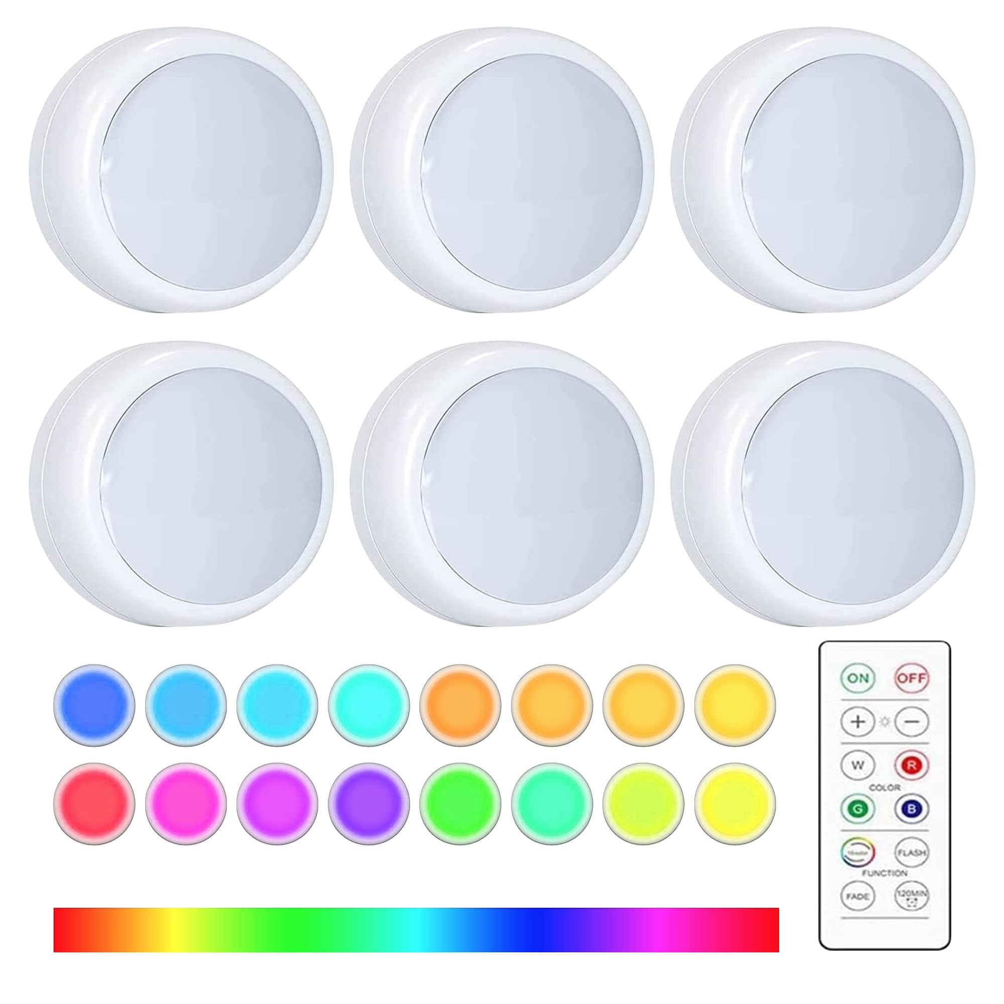 CUQOO 6 Pack Wireless Under Cabinet Lights – 16 Colour Changing Lights with Adjustable Brightness, Remote & Touch Control | Flash & Fade Modes, Battery Operated, Timer [Energy Class A]