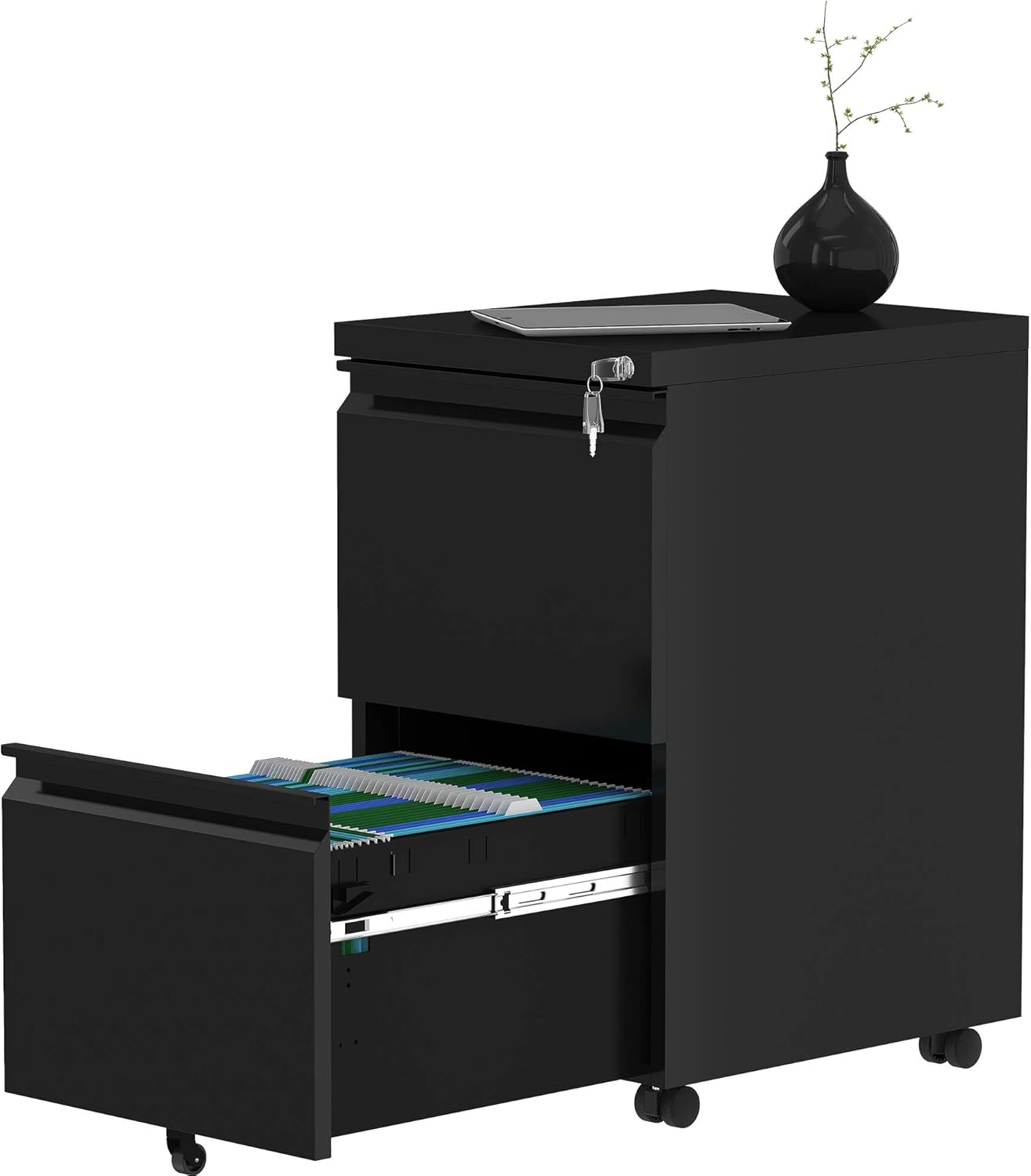 YITAHOME 2-Drawer Vertical File Cabinet with Lock, Portable Mobile Metal File Cabinet for Legal/Letter Size, Pre-Built Office Storage File Cabinet Except Wheels Under Desk - Black: Furniture & Decor