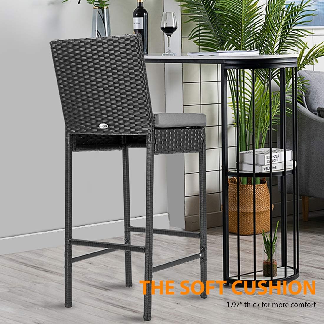 VIVOHOME 2 Packs Outdoor Wicker Barstool Patio Rattan Furniture with Cushions Black: Kitchen & Dining