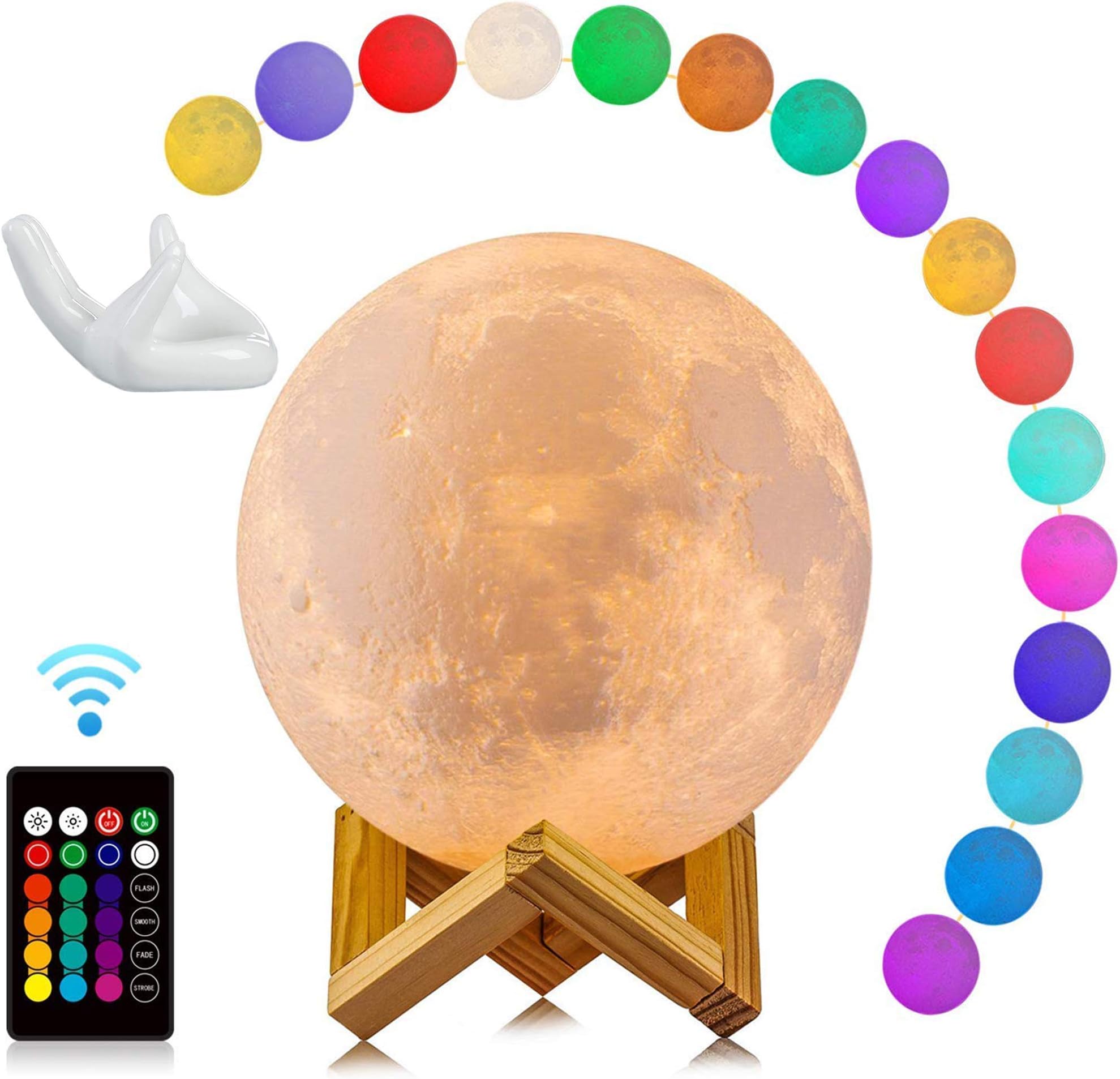 3D Moon Lamp - 16 LED Colours Dimmable Rechargeable Lunar Night Light with Wooden & Free Ceramic Hand, (Large, 15CM) Remote and Touch Nursery Decor Bedroom Bedside Gift Idea for Christmas Birthday