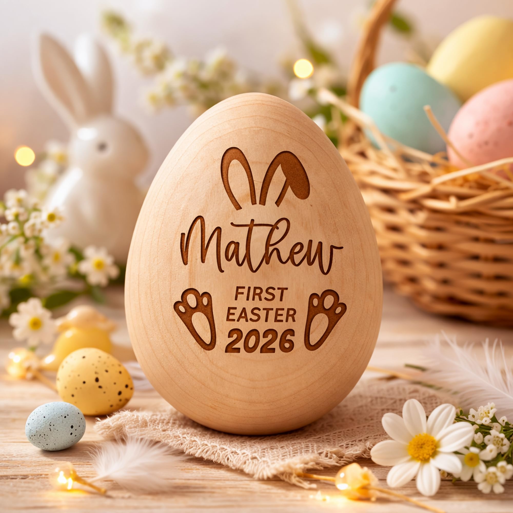 Personalized Wooden Easter Egg, Custom Name First Easter Bunny Engraved Keepsake, Rustic Farmhouse Easter Basket Stuffer, Newborn Infant Girl Boy Holiday Gift 5