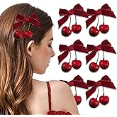 6 Pcs Cherry Bow Hair Clip Rhinestone Velvet Alligator Clips for Women Girls Teen Ponytail Hair Accessories Red Fruit Hair Barrettes