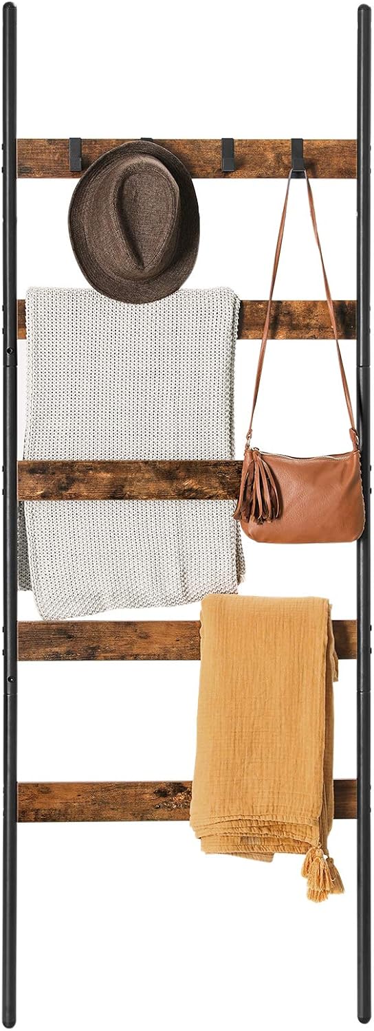 VASAGLE 5-Tier Blanket Ladder Shelf, Wall-Leaning Rack with 4 Hooks, Steel Frame, 23.6 Inch Wide, for Blankets, Scarves, Industrial Style, Rustic Brown and Black ULLS011B01: Furniture & Decor