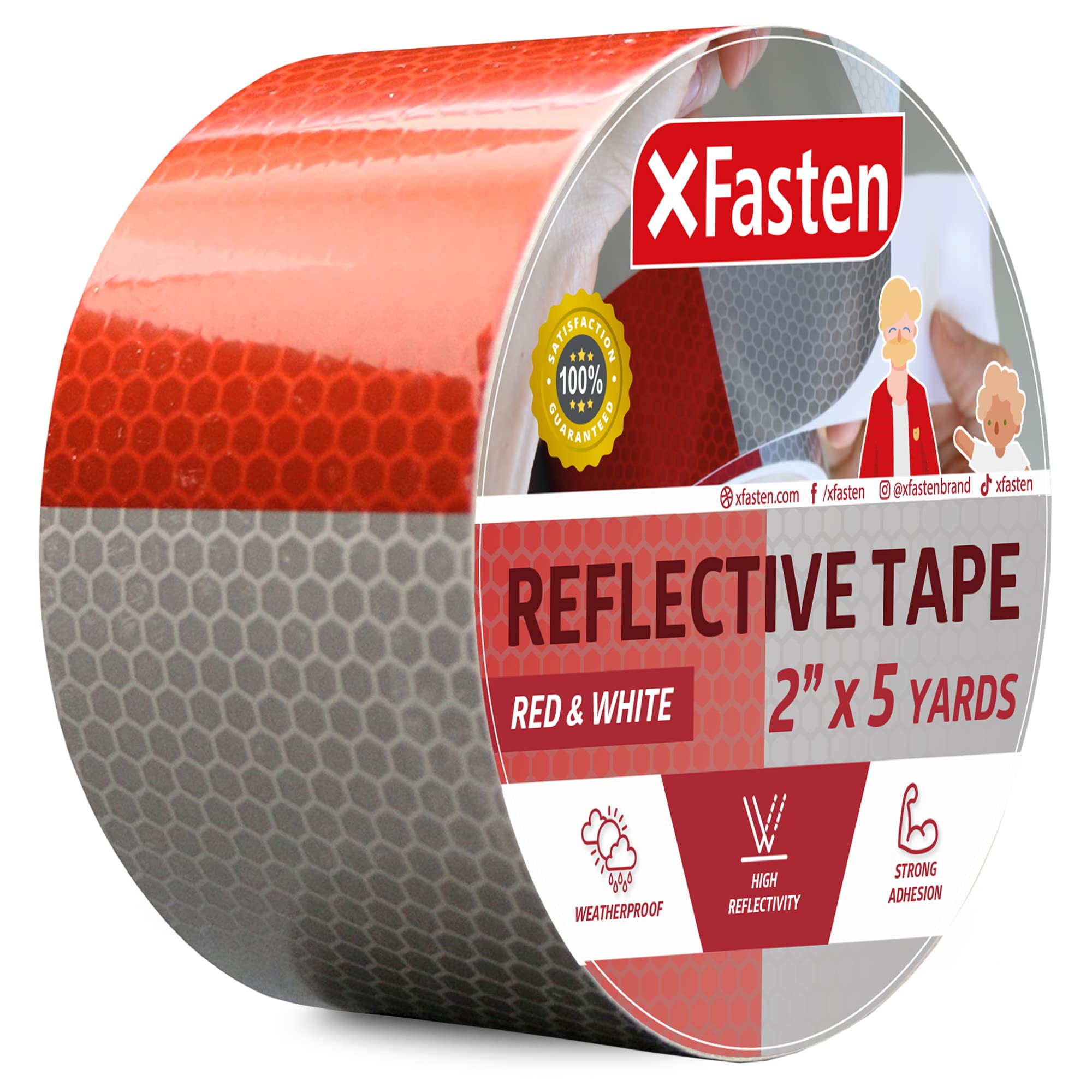 XFasten Reflective Tape, Red and White, 2 Inches by 5 Yards (50.8mm x 4.57m)- High Intensity - DOT-C2 Safety Tape Waterproof Conspicuity Trailer Reflector