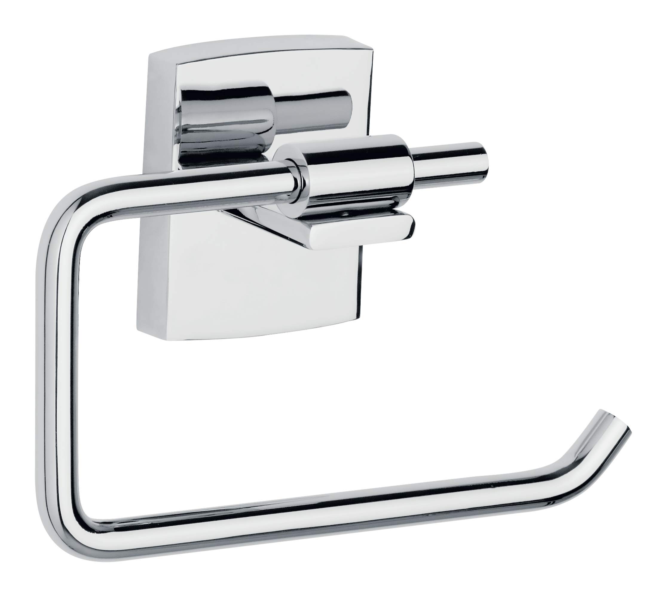 tesa KLAAM Toilet Paper Holder - No Drill Chrome Plated Metal Toilet Roll Holder without Lid for Bathrooms and Guest Toilets - Includes Removable Glue Solution