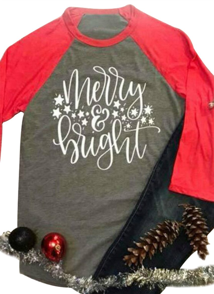 Merry Bright Shirts Tops Women Plus Size Christmas 3/4 Sleeve Graphic Raglan Baseball Tee T-Shirt Tops