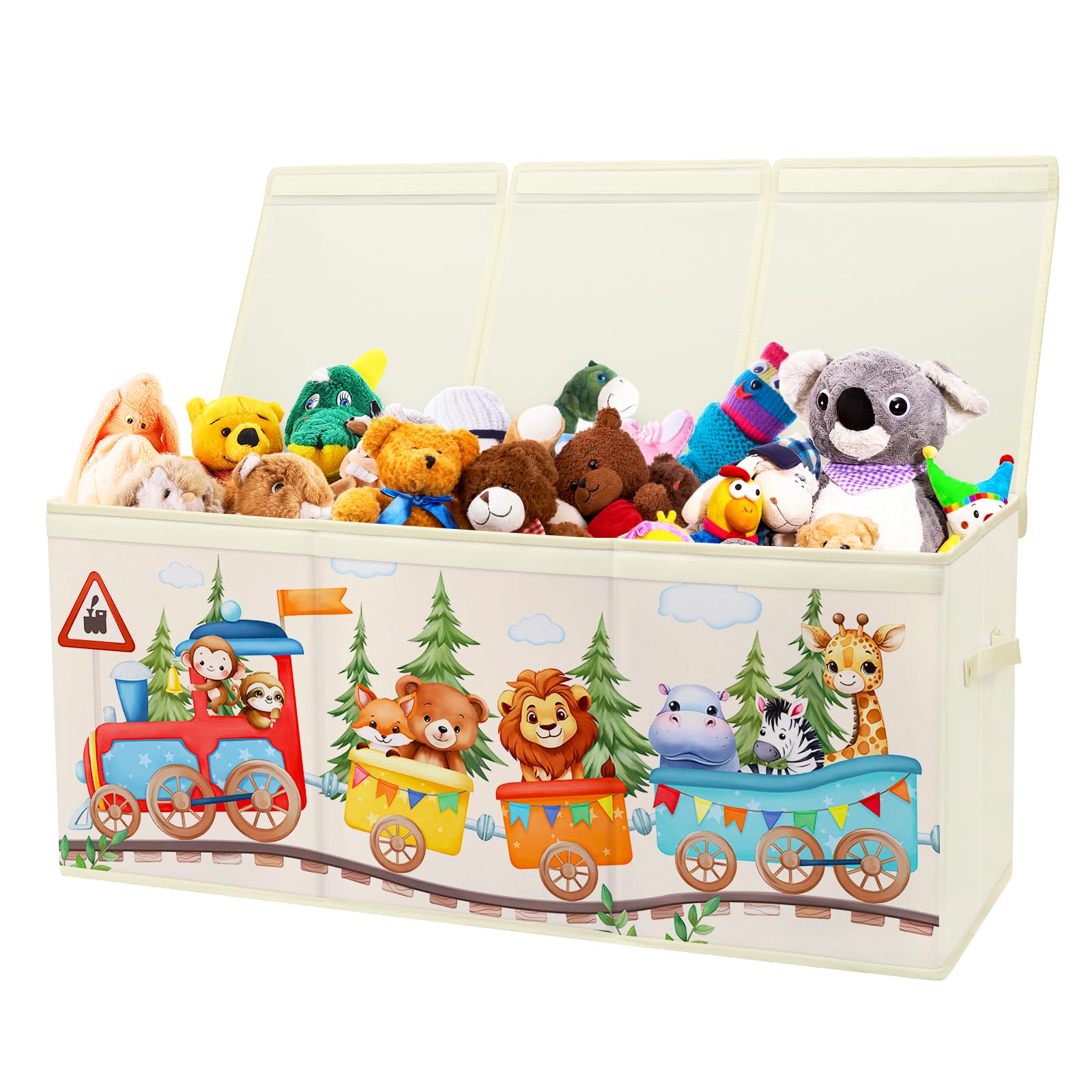 Decalsweet Extra Large Kids Toy Storage Box with Lid,Foldable Oxford Toy Storage Organizer Box for Boys Girls-96×32×40cm-Lightweight Toy Chest with Handles for Bedroom Nursery,Animal Train